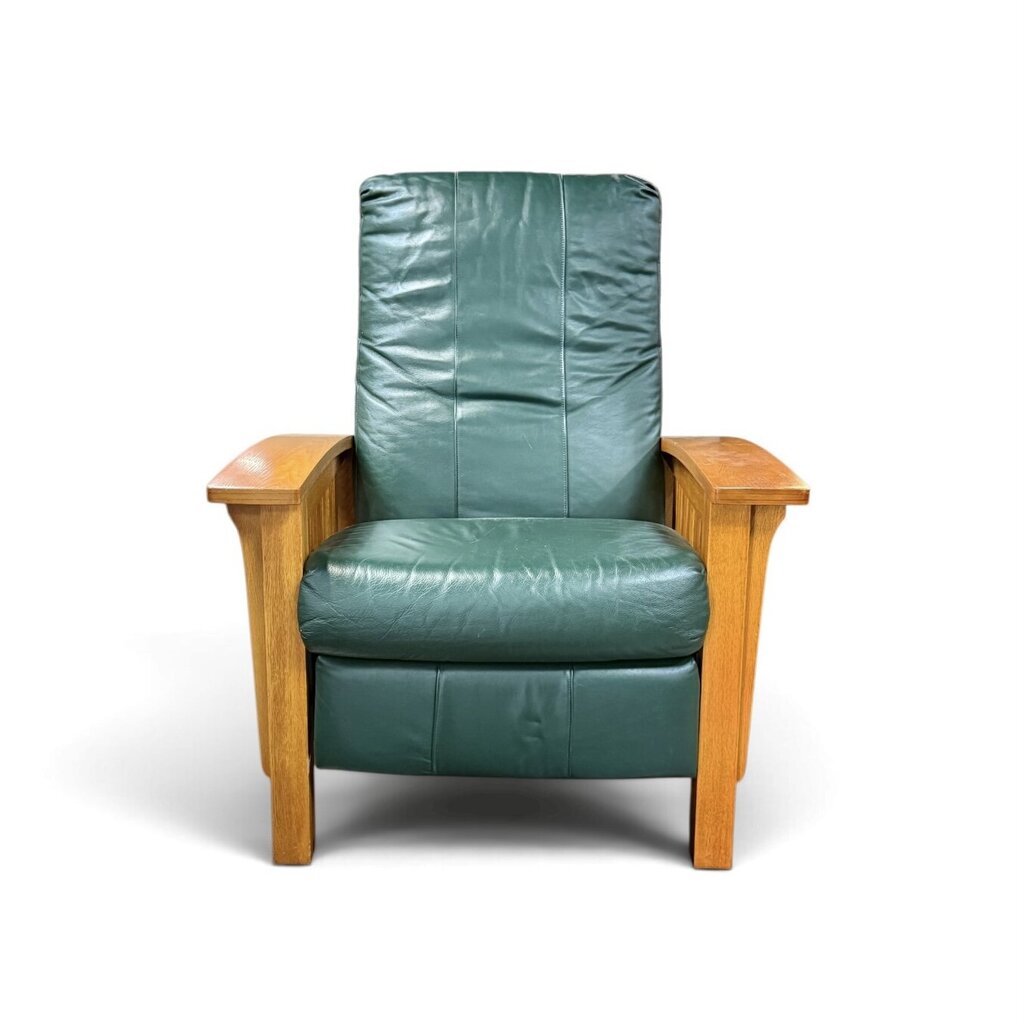 Green Leather And Red Oak Mission Style Reclining Chair