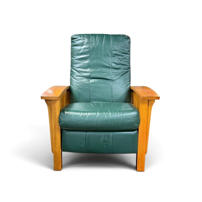 Green Leather And Red Oak Mission Style Reclining Chair