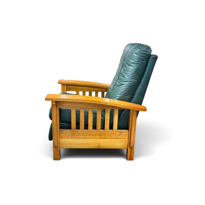 Green Leather And Red Oak Mission Style Reclining Chair