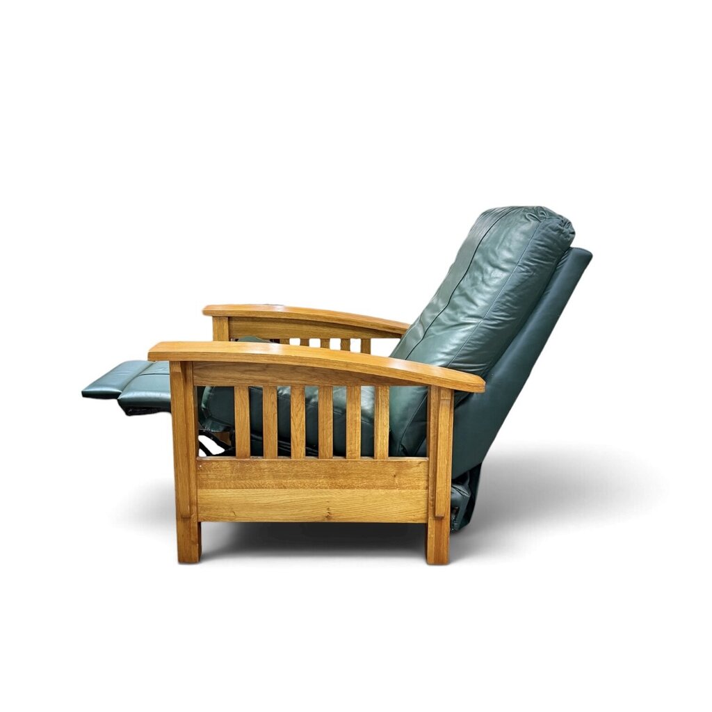 Green Leather And Red Oak Mission Style Reclining Chair