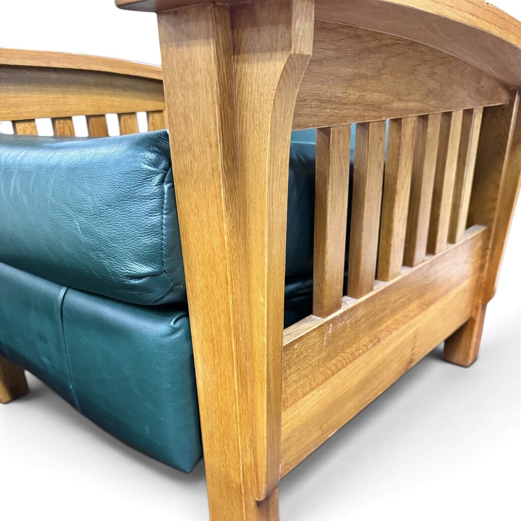 Green Leather And Red Oak Mission Style Reclining Chair