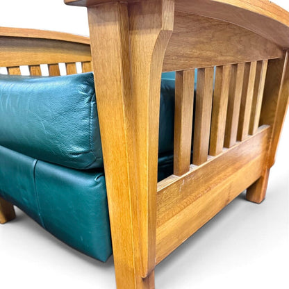 Green Leather And Red Oak Mission Style Reclining Chair