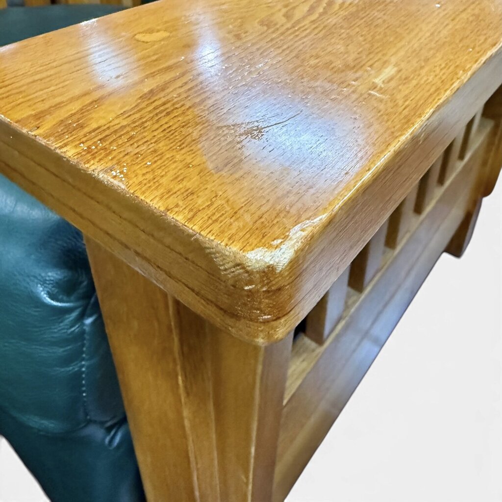 Green Leather And Red Oak Mission Style Reclining Chair