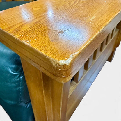 Green Leather And Red Oak Mission Style Reclining Chair