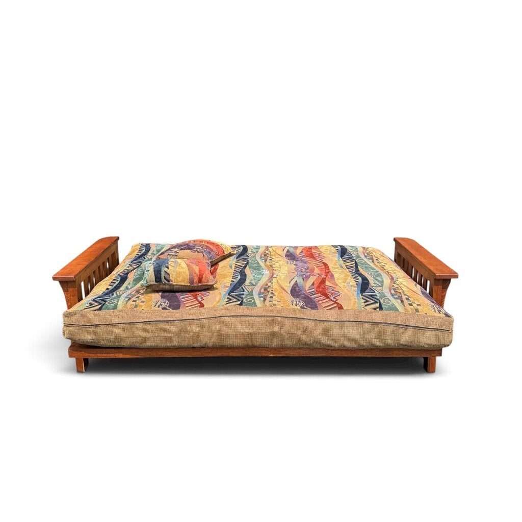 Red Oak Futon with Two Bed Cushions and Matching Pillows