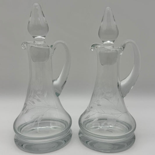 Vintage Hand Blown Oil & Vinegar Cruets w/Stoppers Floral Etched 9” Made in Poland /cb