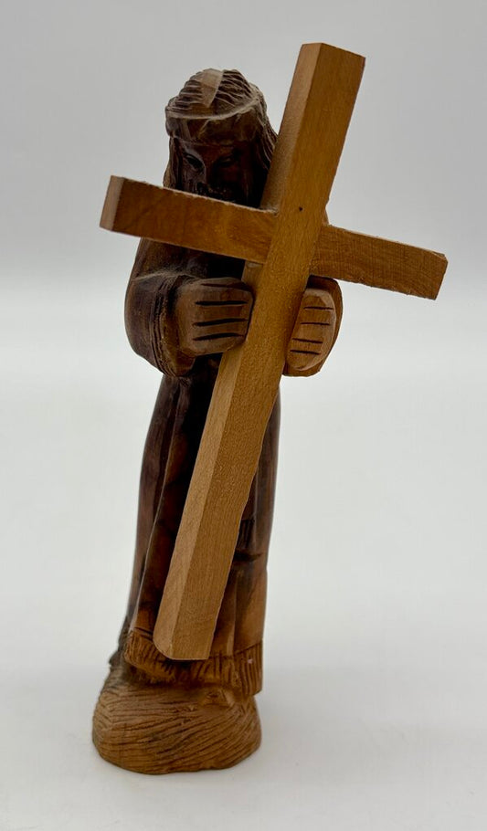 Vtg.Olive Wood Hand Carved Jesus Figure Carrying a Cross /j