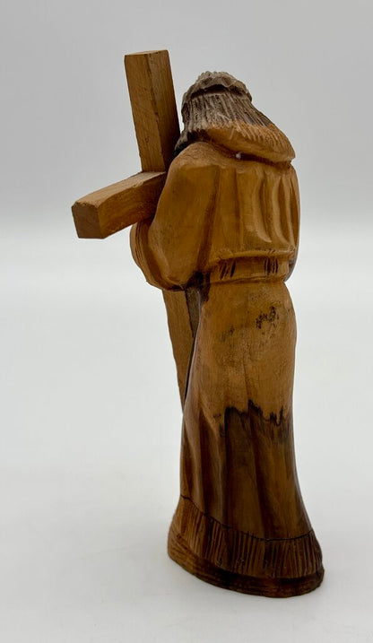 Vtg.Olive Wood Hand Carved Jesus Figure Carrying a Cross /j