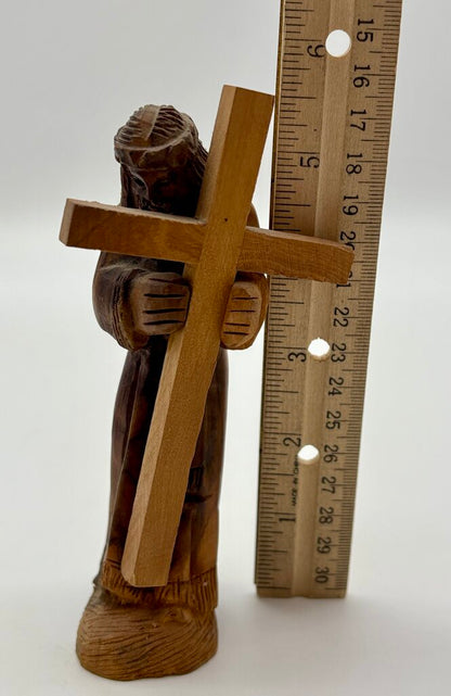 Vtg.Olive Wood Hand Carved Jesus Figure Carrying a Cross /j
