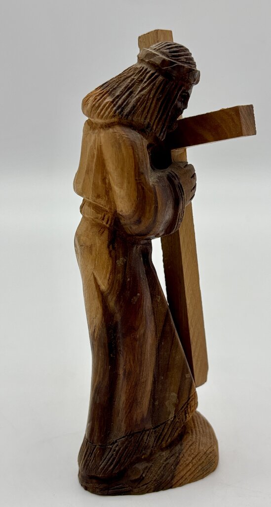 Vtg.Olive Wood Hand Carved Jesus Figure Carrying a Cross /j