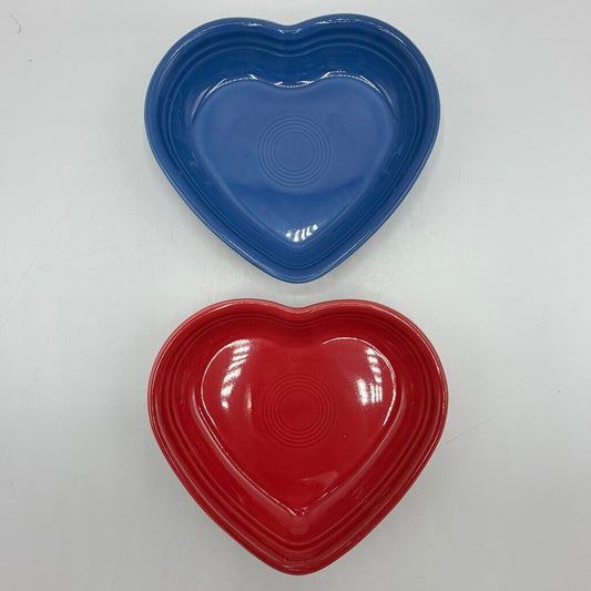 Homer Laughlin Fiesta Heart Shaped Bowls 7 1/2” Lapis & Scarlet Red Set/2 /cb