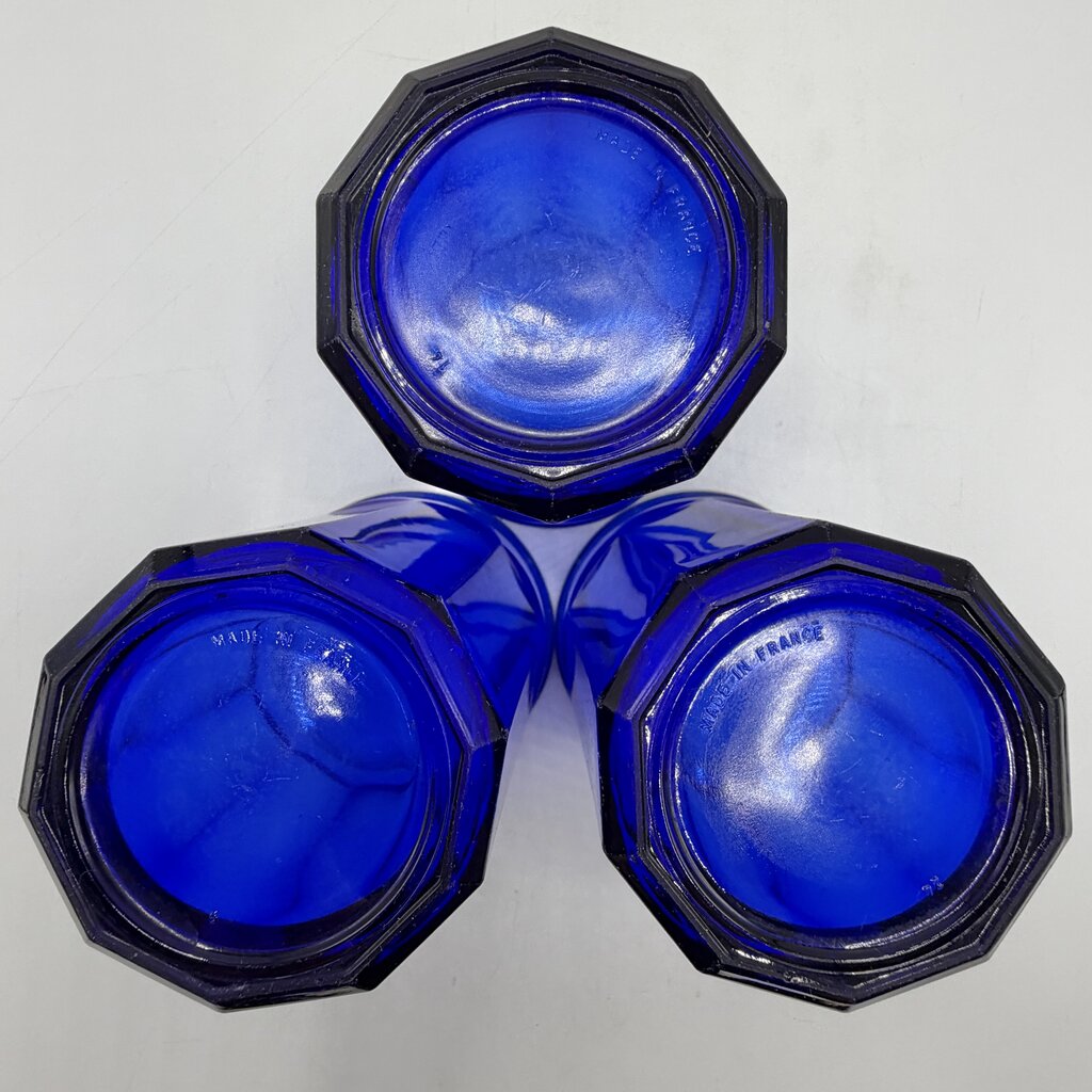 Set of 3 Vintage Luminarc 10 Panel Cobalt Blue Tumblers 5 3/8” Made In France /cb