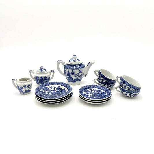 Set Of 14 Mini Blue Willow Porcelain Tea Set