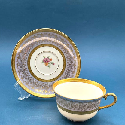Intricate Antique Wheeling Decorating Company Floral and Gold Gilt Glass China Teacup and Saucer /f