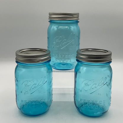 Set of 3 Vintage Style Ball Blue Mason Jars 100 Year Anniversary with Lids /f