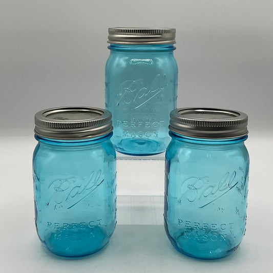 Set of 3 Vintage Style Ball Blue Mason Jars 100 Year Anniversary with Lids /f