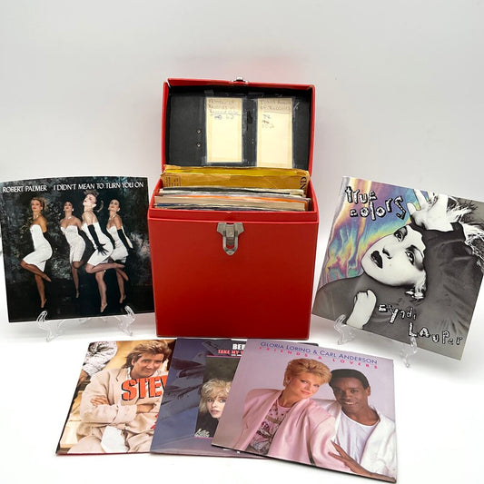 Vintage Retro Red Amfile Platter-Pak 45 Record Case with 41 LPs included /f