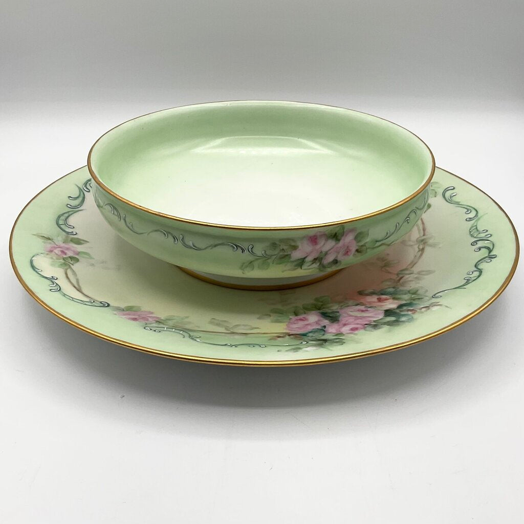 Antique Limoges France Pastel Green Porcelain Bowl and Charger with Hand Painted Pink Roses /f