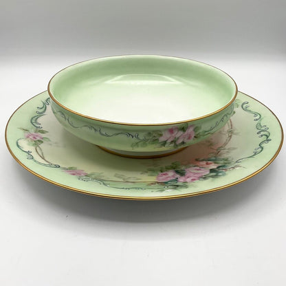 Antique Limoges France Pastel Green Porcelain Bowl and Charger with Hand Painted Pink Roses /f