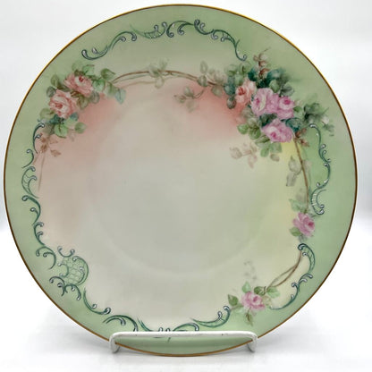 Antique Limoges France Pastel Green Porcelain Bowl and Charger with Hand Painted Pink Roses /f