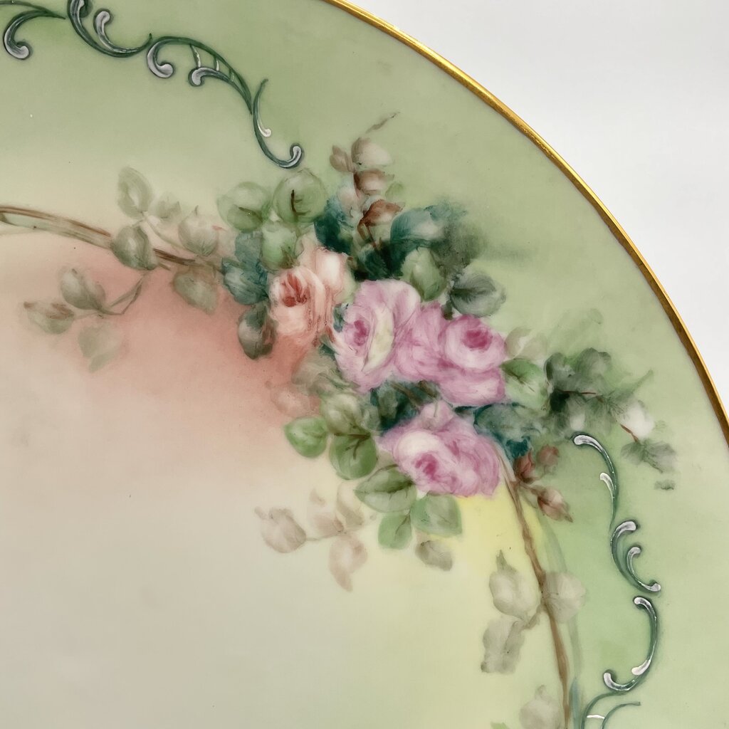 Antique Limoges France Pastel Green Porcelain Bowl and Charger with Hand Painted Pink Roses /f