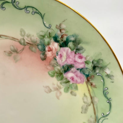 Antique Limoges France Pastel Green Porcelain Bowl and Charger with Hand Painted Pink Roses /f