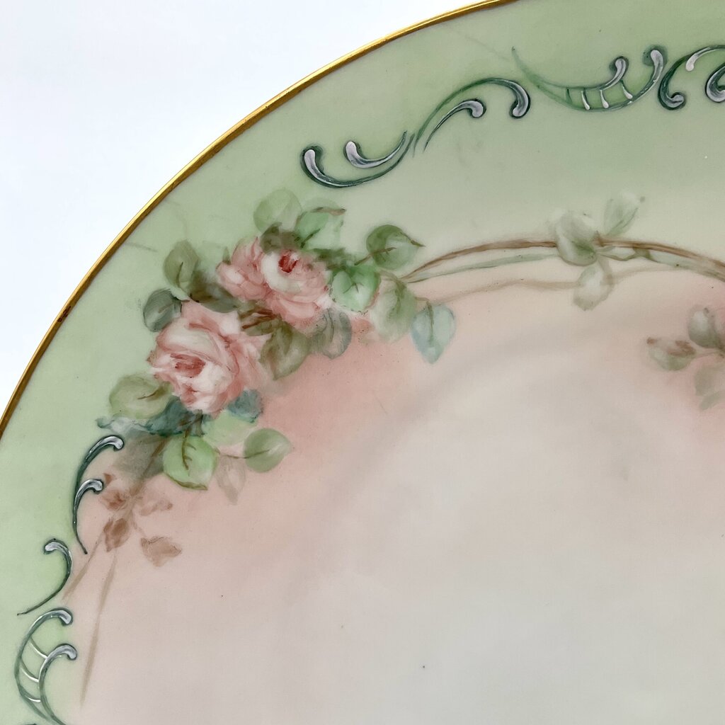 Antique Limoges France Pastel Green Porcelain Bowl and Charger with Hand Painted Pink Roses /f