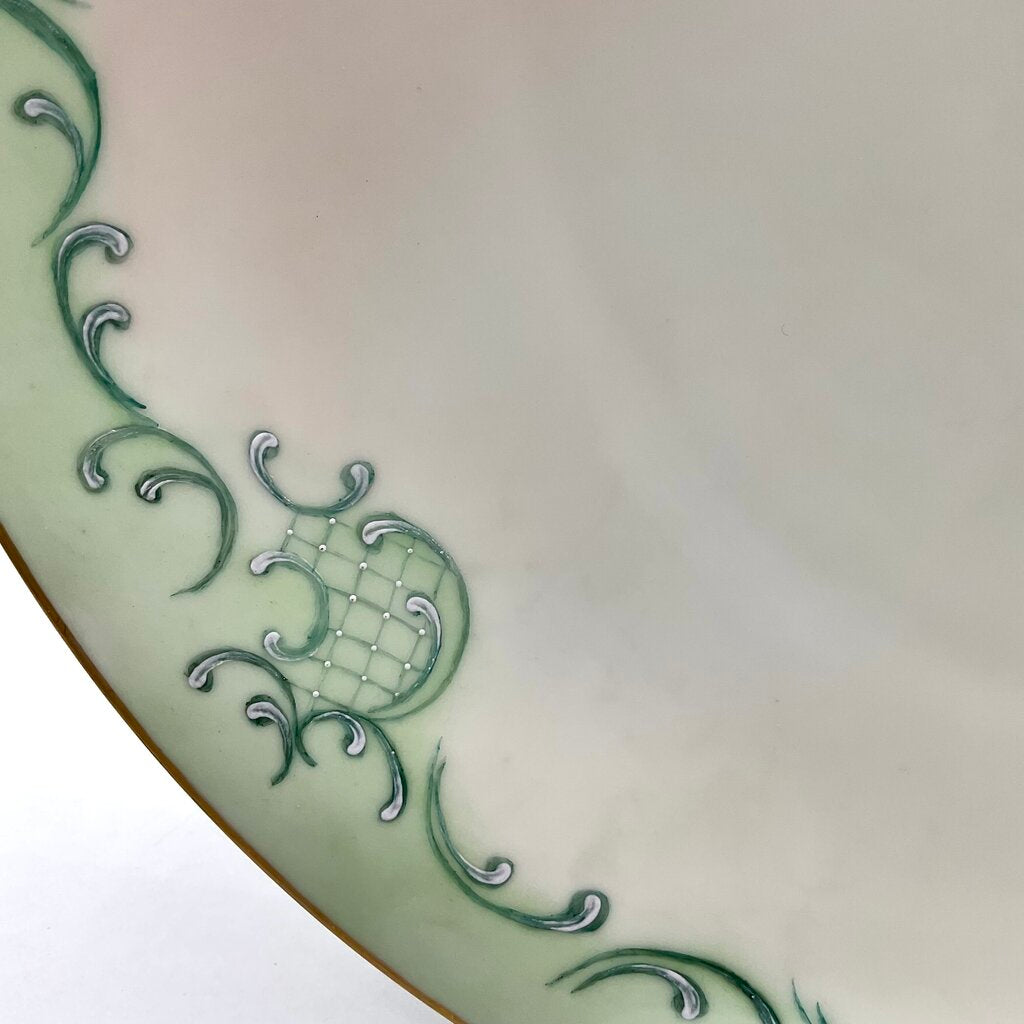Antique Limoges France Pastel Green Porcelain Bowl and Charger with Hand Painted Pink Roses /f