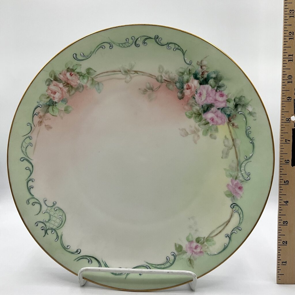 Antique Limoges France Pastel Green Porcelain Bowl and Charger with Hand Painted Pink Roses /f