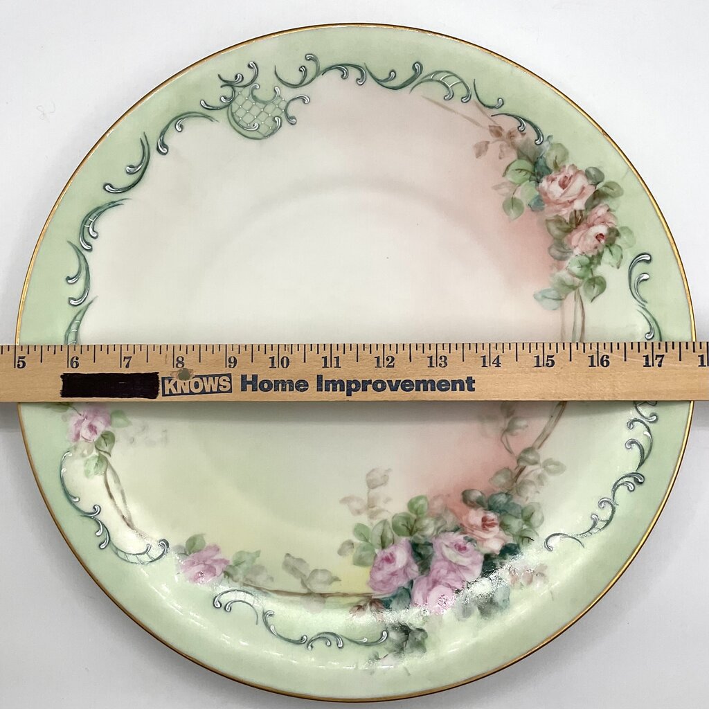 Antique Limoges France Pastel Green Porcelain Bowl and Charger with Hand Painted Pink Roses /f