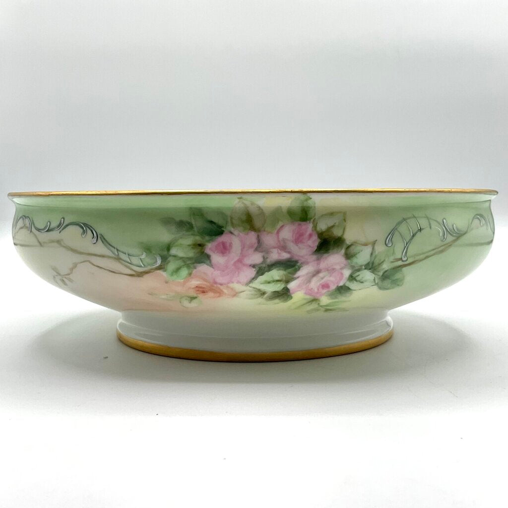Antique Limoges France Pastel Green Porcelain Bowl and Charger with Hand Painted Pink Roses /f