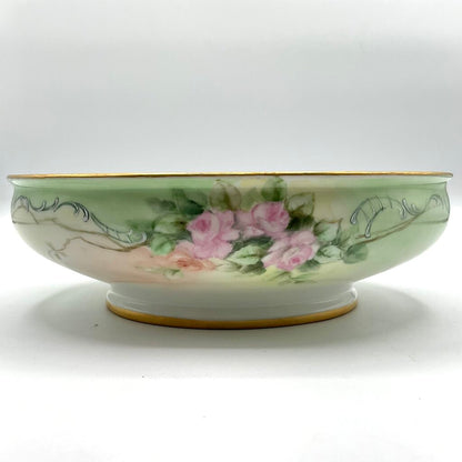 Antique Limoges France Pastel Green Porcelain Bowl and Charger with Hand Painted Pink Roses /f