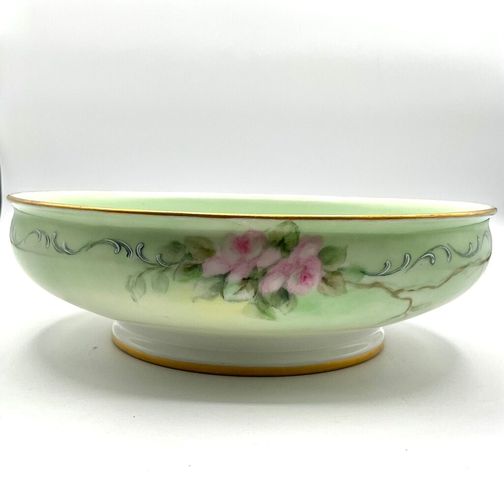 Antique Limoges France Pastel Green Porcelain Bowl and Charger with Hand Painted Pink Roses /f