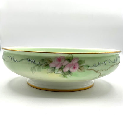 Antique Limoges France Pastel Green Porcelain Bowl and Charger with Hand Painted Pink Roses /f