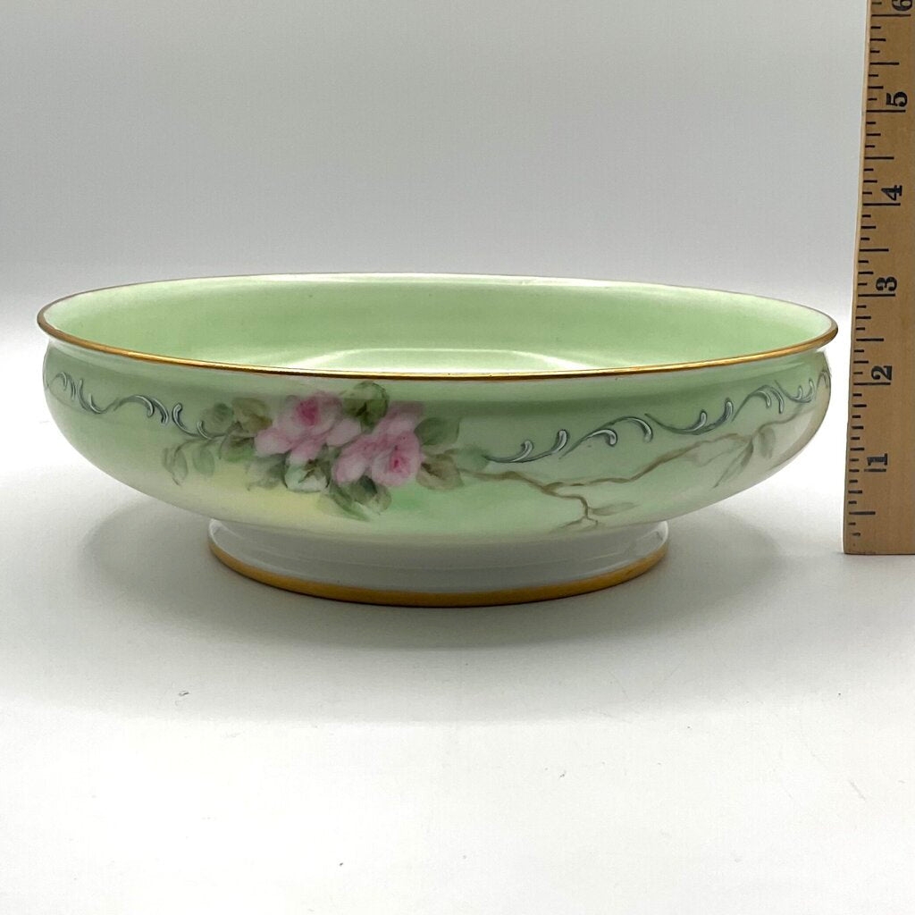 Antique Limoges France Pastel Green Porcelain Bowl and Charger with Hand Painted Pink Roses /f