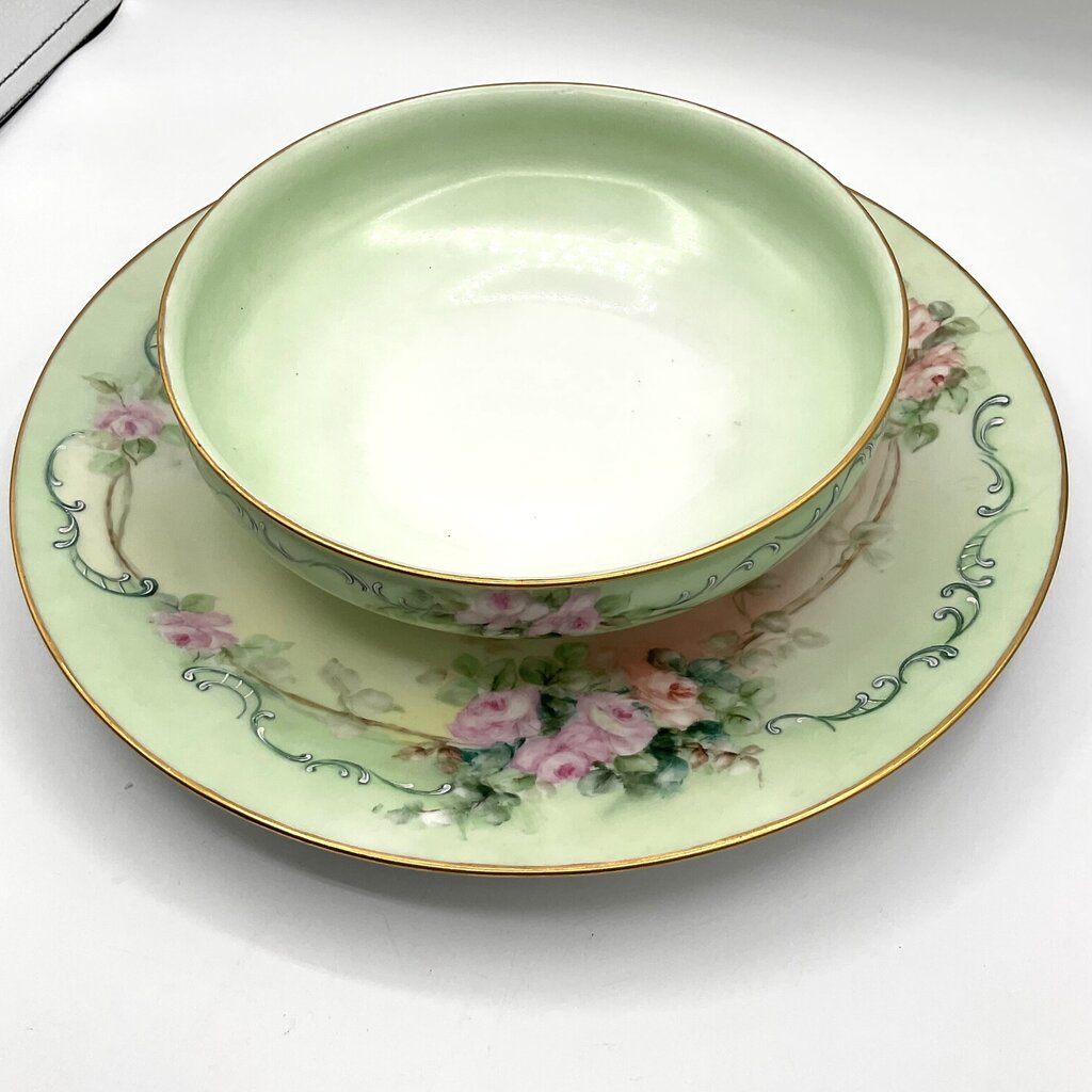 Antique Limoges France Pastel Green Porcelain Bowl and Charger with Hand Painted Pink Roses /f