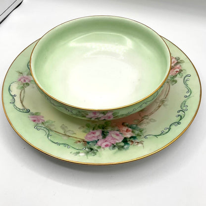 Antique Limoges France Pastel Green Porcelain Bowl and Charger with Hand Painted Pink Roses /f