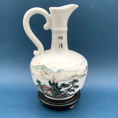 Hand Painted Asian Ewer with Wooden Stand and Original Box /f
