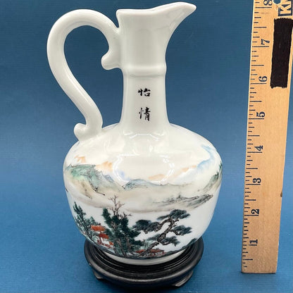 Hand Painted Asian Ewer with Wooden Stand and Original Box /f