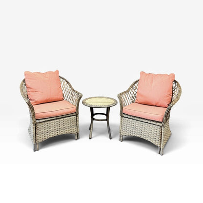 3 Piece Outdoor Wicker Set with Salmon Cushions