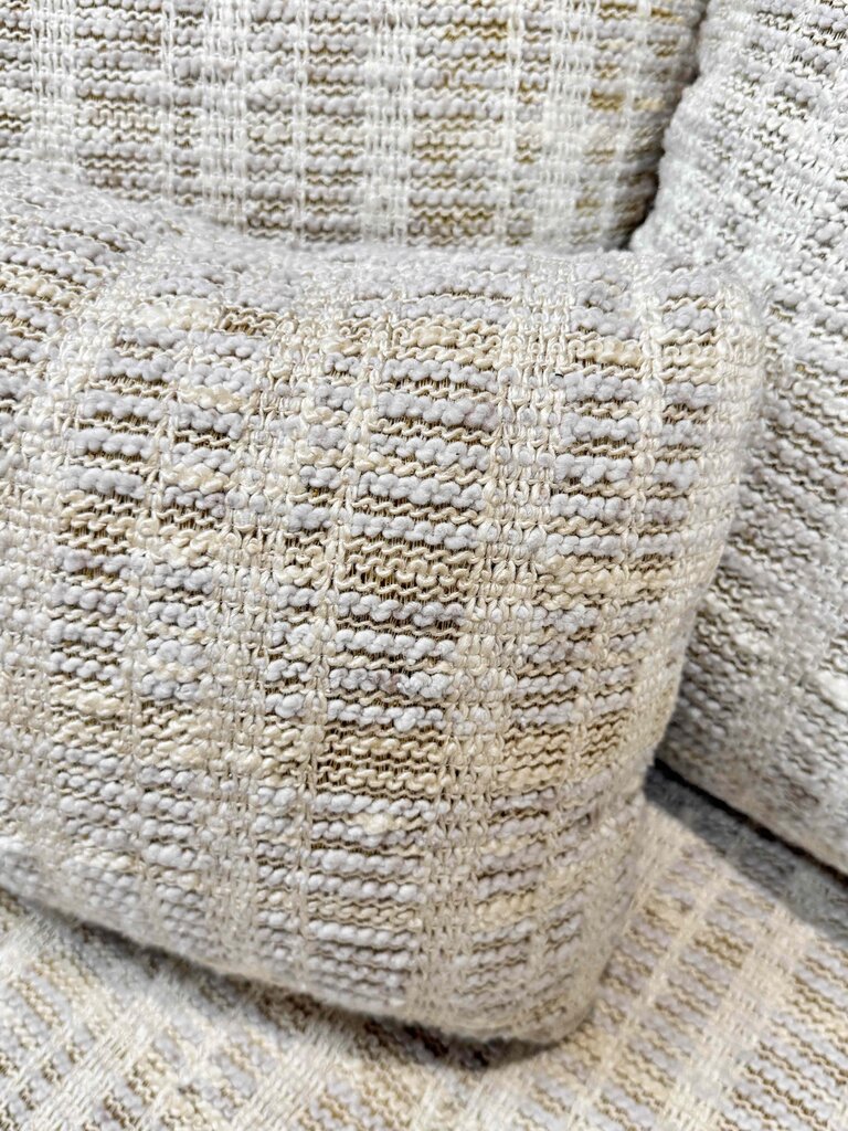 Wood Framed Loveseat With Textured Cream Pillows