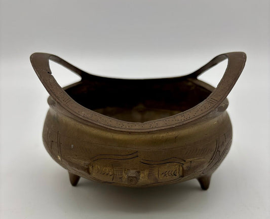 Vtg. Chinese Cast Brass Tripod Incense Burner /j