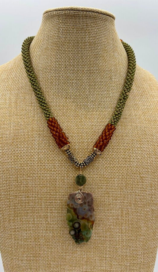 Handcrafted Beaded Necklace with Ocean Jasper Pendant /j