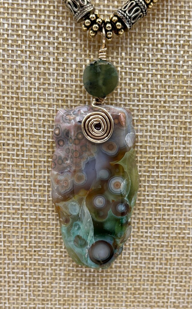 Handcrafted Beaded Necklace with Ocean Jasper Pendant /j