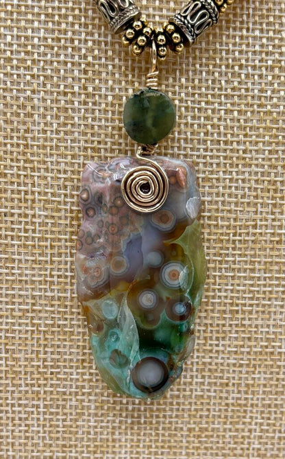 Handcrafted Beaded Necklace with Ocean Jasper Pendant /j