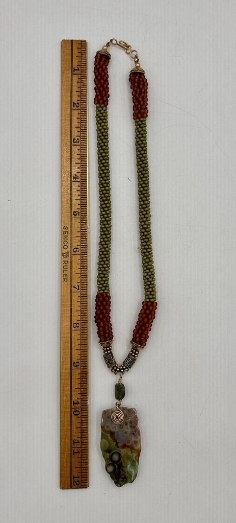 Handcrafted Beaded Necklace with Ocean Jasper Pendant /j