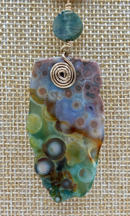 Handcrafted Beaded Necklace with Ocean Jasper Pendant /j