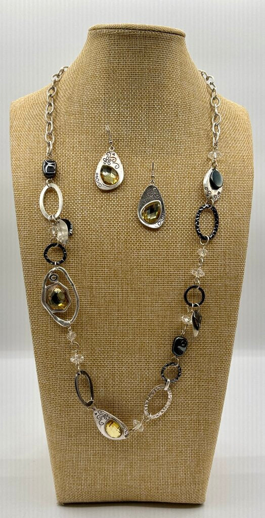 Statement Necklace & Earrings Set Silver-toned with Faceted Yellow Details /j