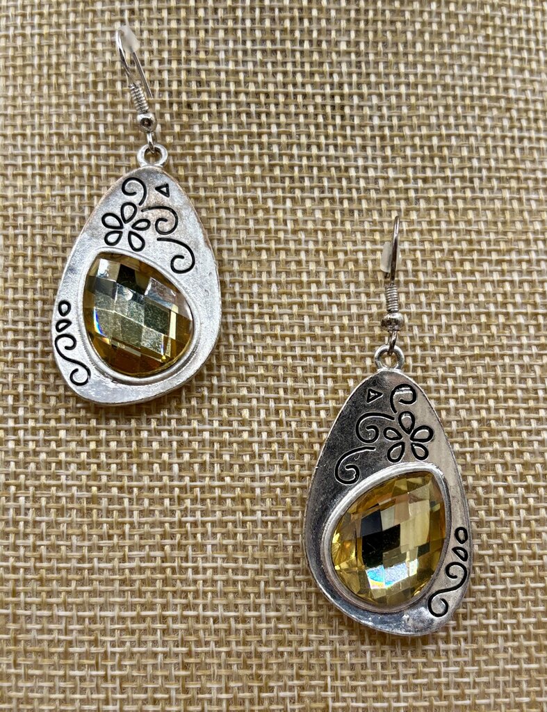 Statement Necklace & Earrings Set Silver-toned with Faceted Yellow Details /j