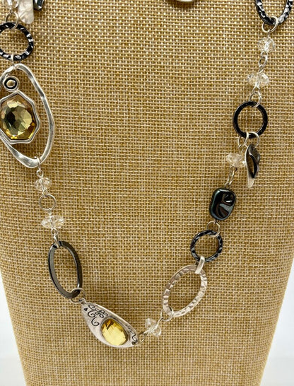Statement Necklace & Earrings Set Silver-toned with Faceted Yellow Details /j